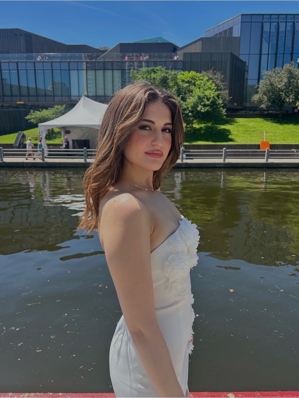 JW PEI White Strapless Midi Dress with Floral Appliqué